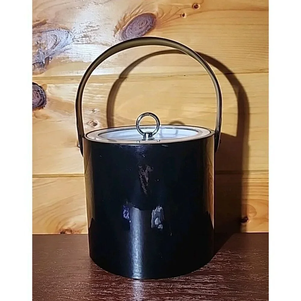 Georges Briard Black Faux Leather Ice Bucket Vintage 1960’s Lucite Lid U.S.A.